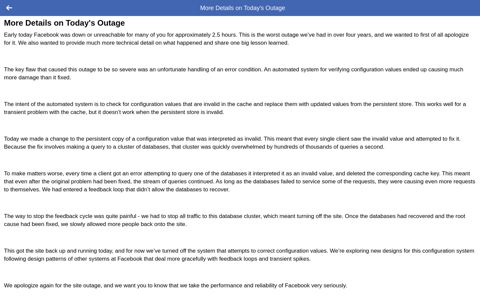 More Details on Today's Outage - Facebook