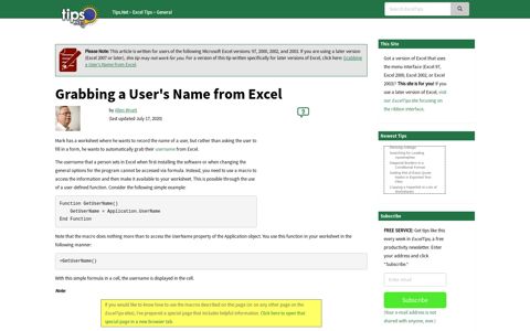 Grabbing a User's Name from Excel (Microsoft Excel)