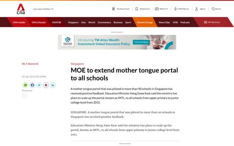 MOE to extend mother tongue portal to all schools - CNA