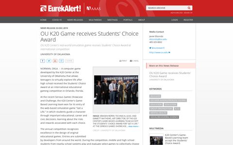 OU K20 Game receives Students' Choice Award | EurekAlert ...