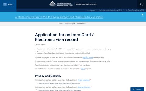 Application for an ImmiCard / Electronic visa record
