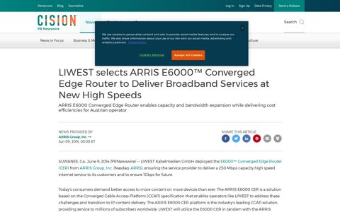 LIWEST selects ARRIS E6000™ Converged Edge Router to ...