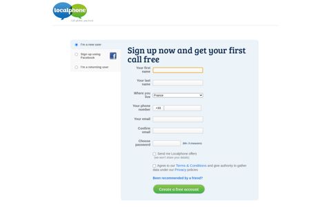 Sign up now and get your first call free | Localphone