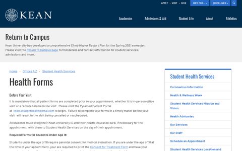 Health Forms | Kean University