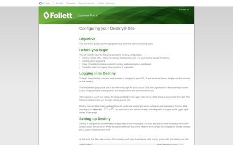 Configuring your Destiny® Site - Follett