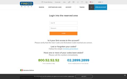 Login into the reserved area - Fineco Bank