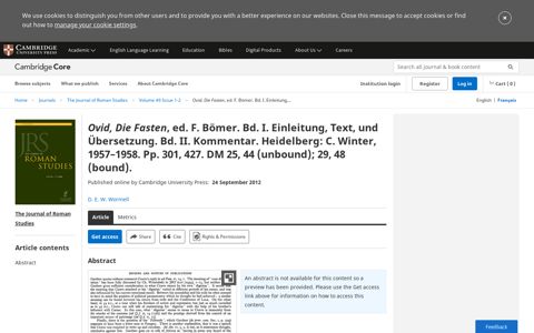 Ovid, Die Fasten, ed. F. Bömer. Bd. I. Einleitung, Text, und ...