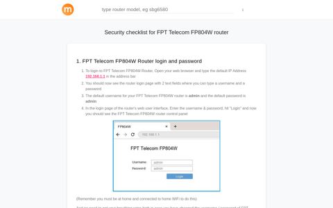 192.168.1.1 - FPT Telecom FP804W Router login and password