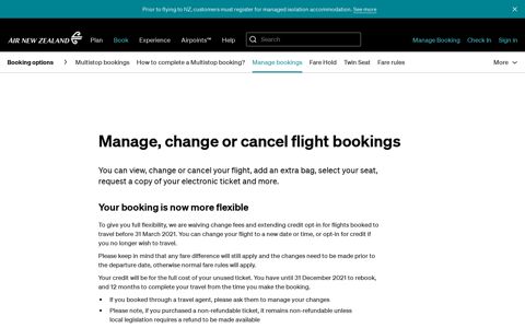 Manage Bookings | Update, Change or Cancel your Air NZ flight
