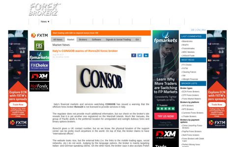 Italy's CONSOB warns of Iforex24 forex broker