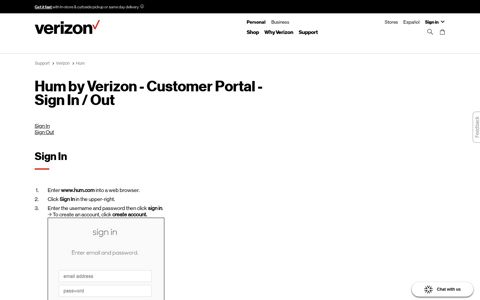 Hum by Verizon - Customer Portal - Sign In / Out