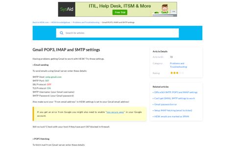 Gmail POP3, IMAP and SMTP settings - HESK.com