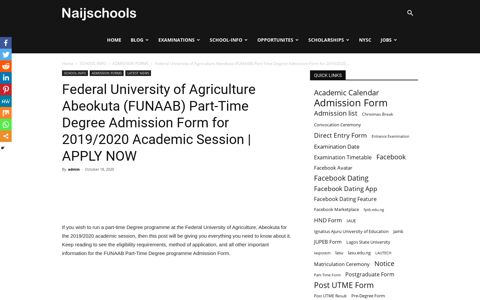 (FUNAAB) Part-Time Degree Admission Form for 2019/2020