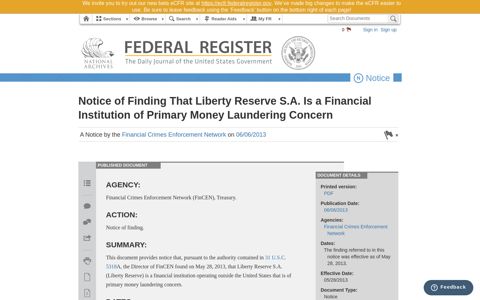 Notice of Finding That Liberty Reserve S.A. ... - Federal Register