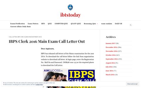 IBPS Clerk 2016 Main Exam Call Letter Out – ibtstoday