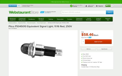 Pitco P5045010 Equivalent Signal Light; 11/16 Red; 250V