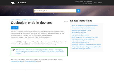Outlook in mobile devices | Helpdesk - University of Helsinki