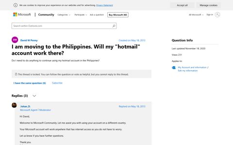 I am moving to the Philippines. Will my "hotmail" account work ...