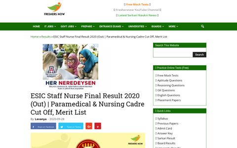 ESIC Staff Nurse Result 2020 (Released) | Paramedical Cut ...