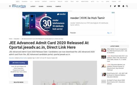 JEE Advanced Admit Card 2020 Released At Cportal.jeeadv ...