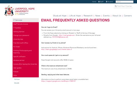 Email Frequently Asked Questions - Liverpool Hope University