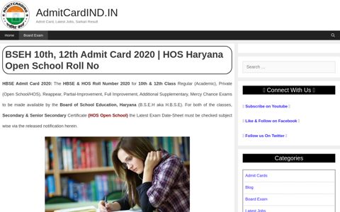 BSEH 10th, 12th Admit Card 2020 | HOS Haryana Open ...