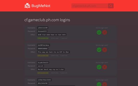 cf.gameclub.ph.com passwords - BugMeNot