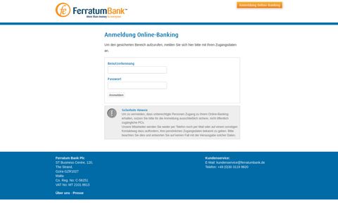 Ferratum Bank Ltd.: Anmeldung Online-Banking