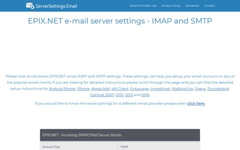 EPIX.NET email server settings - IMAP and SMTP ...