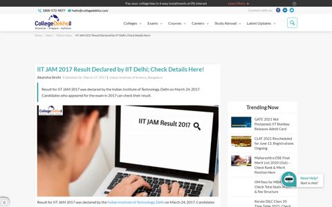 IIT JAM 2017 Result Declared by IIT Delhi; Check Details Here ...