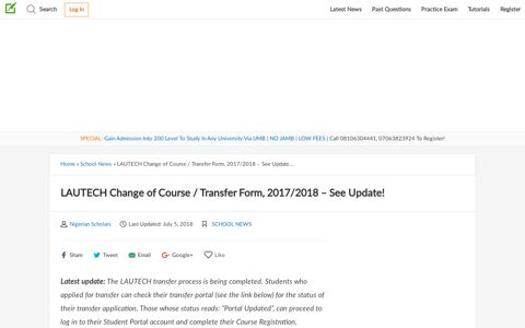 LAUTECH Change of Course / Transfer Form, 2017/2018 ...