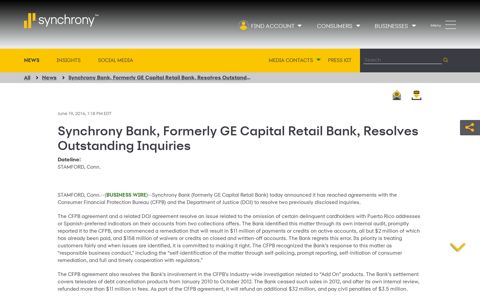 Synchrony Bank, Formerly GE Capital Retail Bank, Resolves ...
