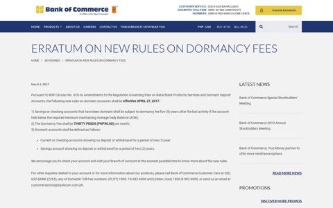 Erratum on New Rules on Dormancy Fees - Bank of Commerce