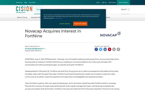 Novacap Acquires Interest in FortNine - PR Newswire