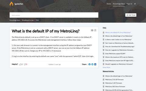 What is the default IP of my MetroLinq? - IgniteNet
