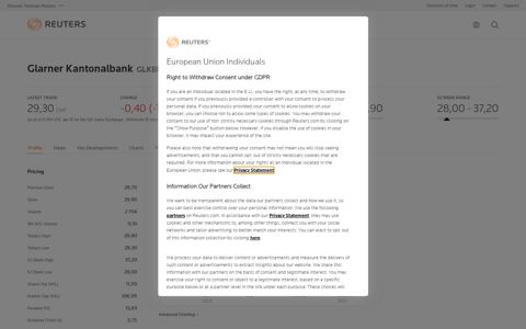 GLKBN.S - Glarner Kantonalbank Profile | Reuters