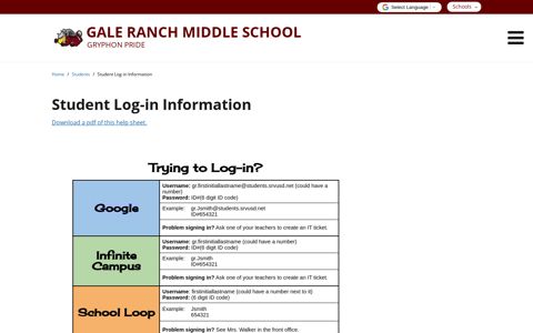Student Log-in Information - Gale Ranch Middle School