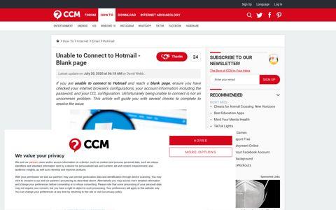 Unable to Connect to Hotmail - Blank page - CCM