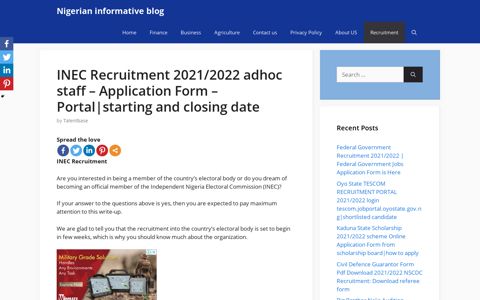 INEC Recruitment 2021/2022 adhoc staff - Application Form ...
