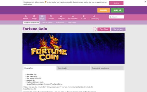 Fortune Coin Slot | Play Online | Mecca Bingo