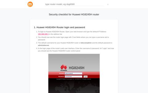 192.168.100.1 - Huawei HG8245H Router login and password
