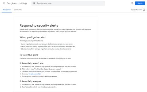 Respond to security alerts - Google Account Help