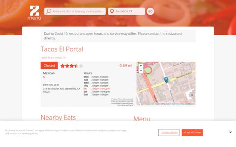 Online Menu of Tacos El Portal Restaurant, Escondido ...