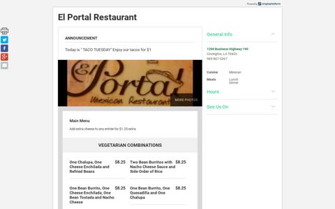 Menus for El Portal Restaurant - Covington - SinglePlatform