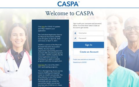 CASPA | Applicant Login Page Section