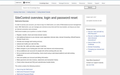 SiteControl overview, login and password reset – Hostway ...
