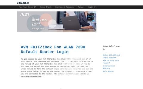 AVM FRITZ!Box Fon WLAN 7390 Default Router Login