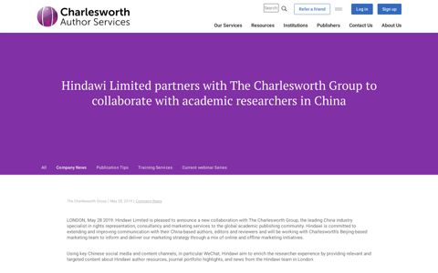 Hindawi Limited partners with The Charlesworth Group to ...
