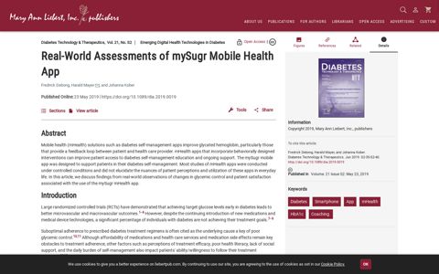 Real-World Assessments of mySugr Mobile Health App ...