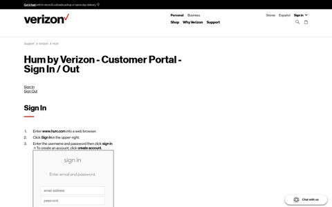 Hum by Verizon - Customer Portal - Sign In / Out